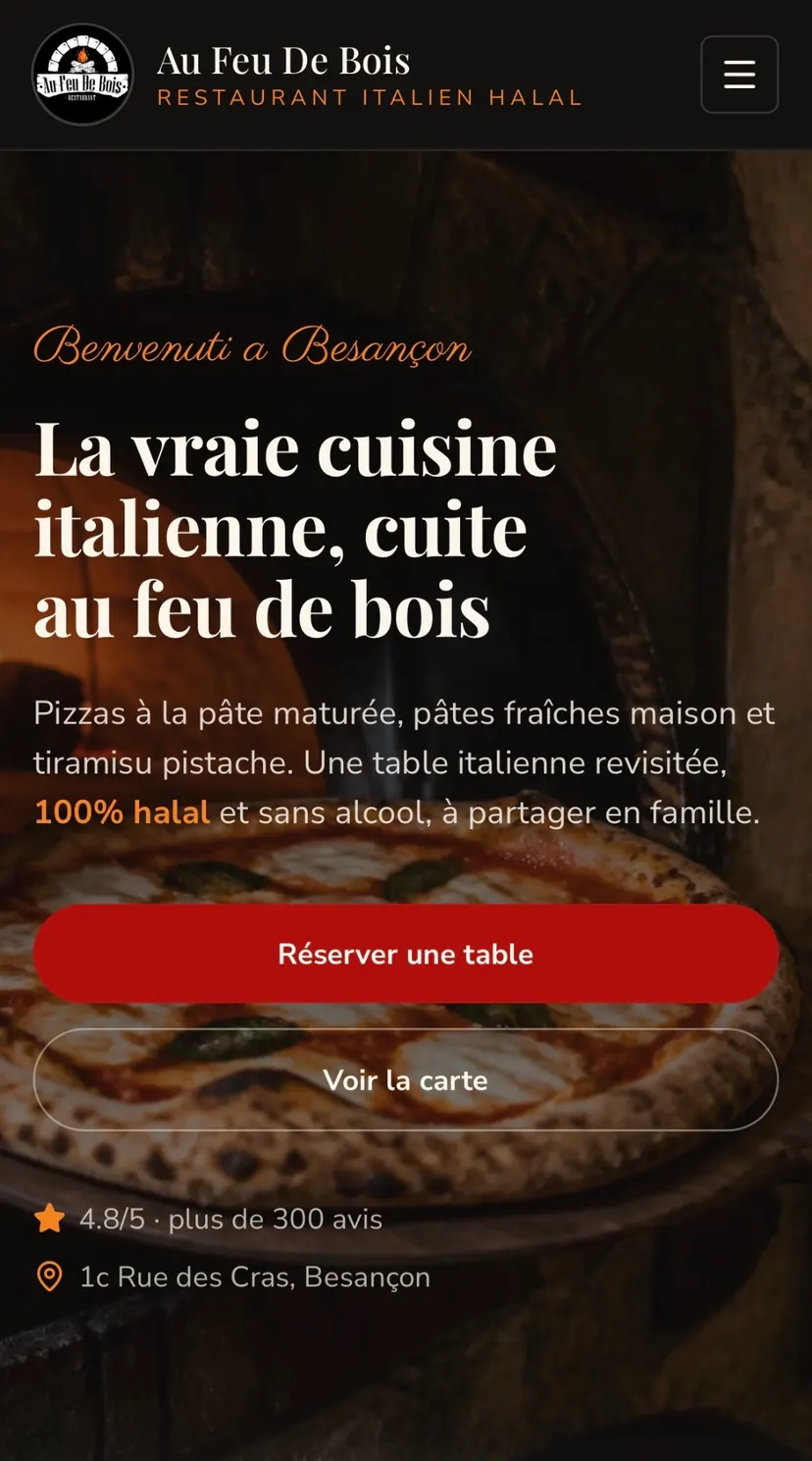Page d'accueil mobile du site Au Feu De Bois, restaurant au feu de bois