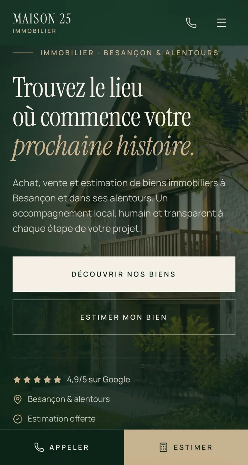 Page d'accueil mobile du site Maison 25, agence immobilière