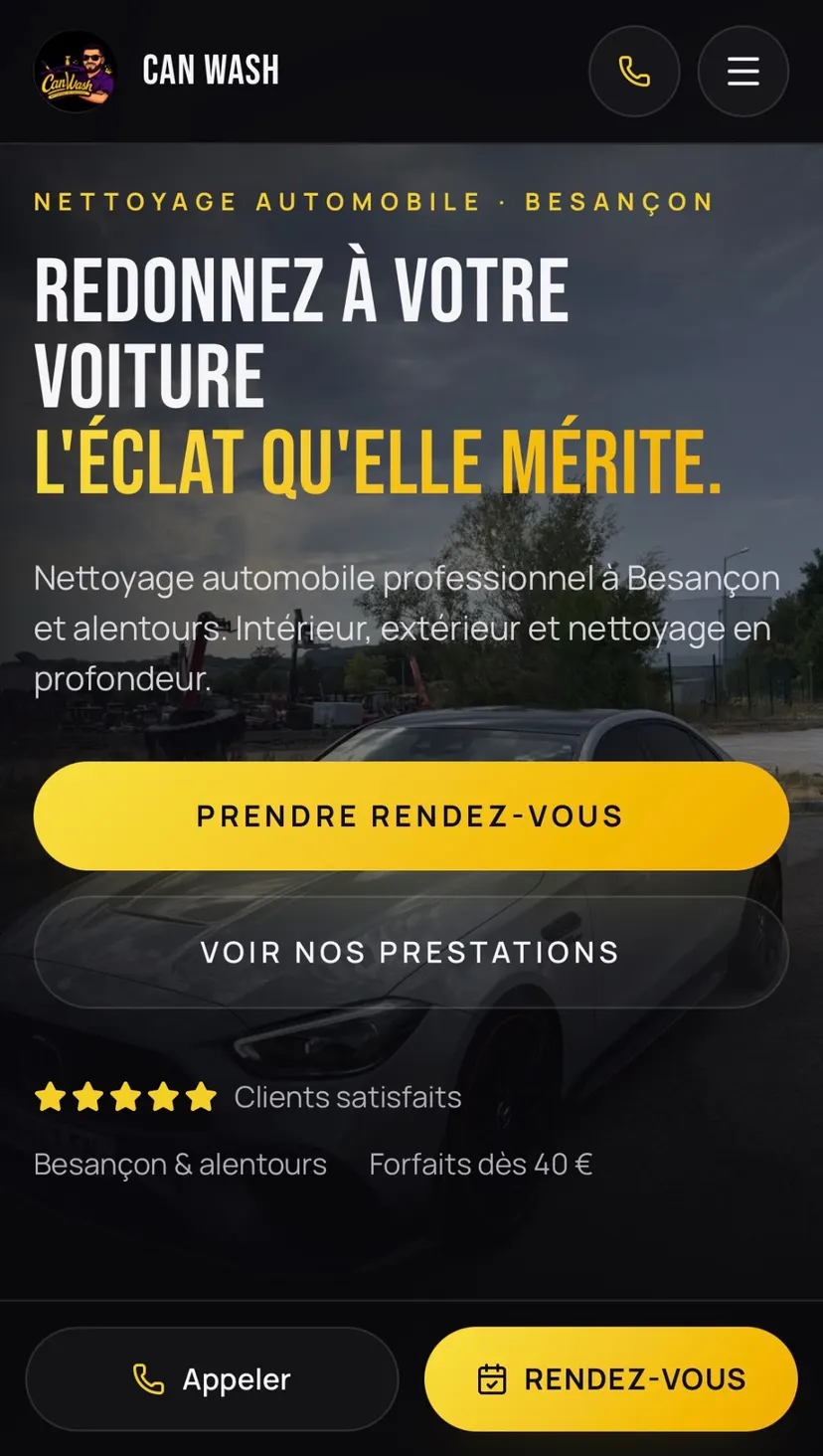 Page d'accueil mobile du site Can Wash, detailing et nettoyage automobile