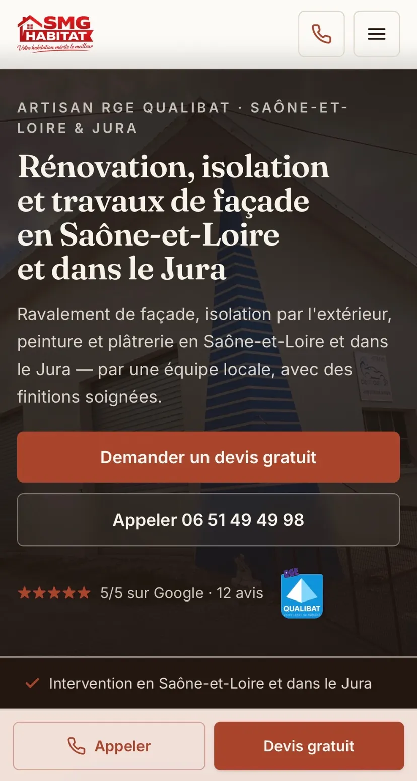 Page d'accueil mobile du site SMG Habitat, rénovation et isolation
