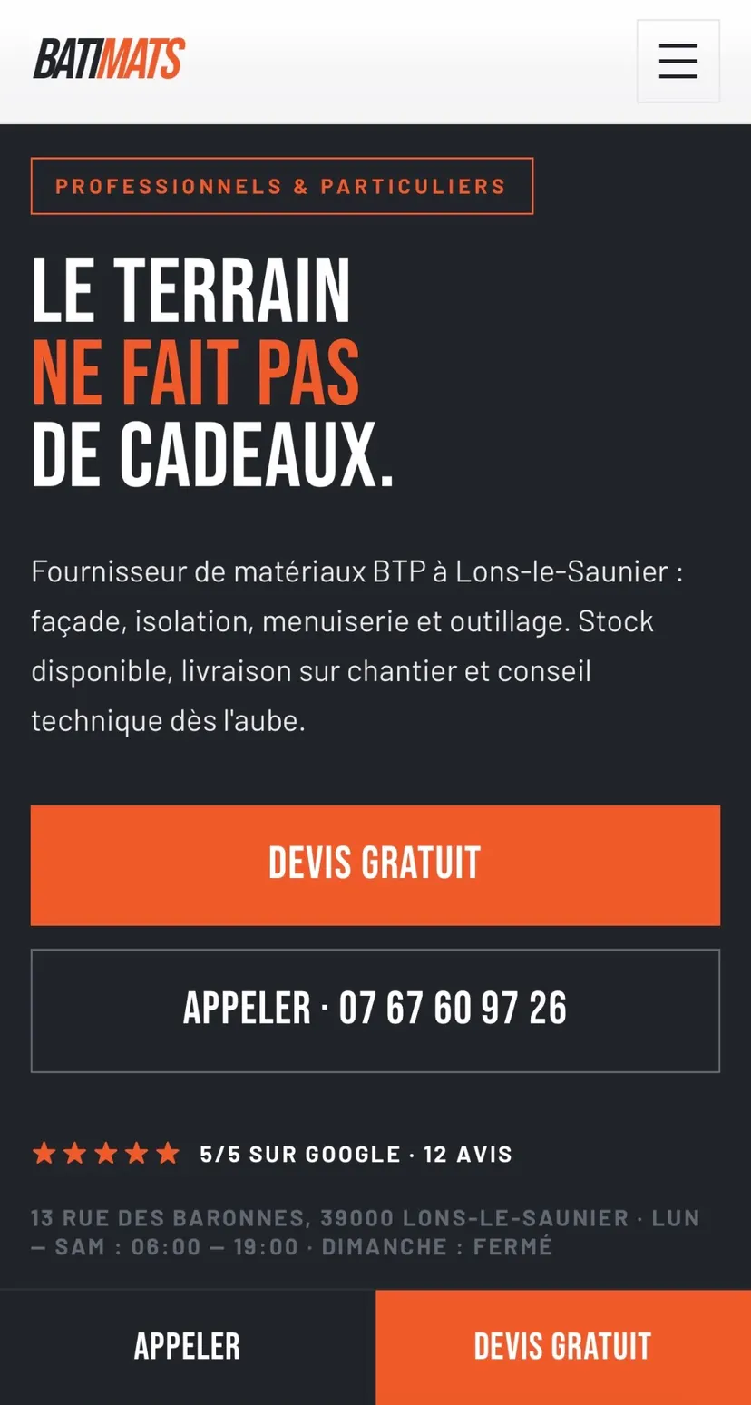 Page d'accueil mobile du site BATIMATS, fournisseur de matériaux de construction