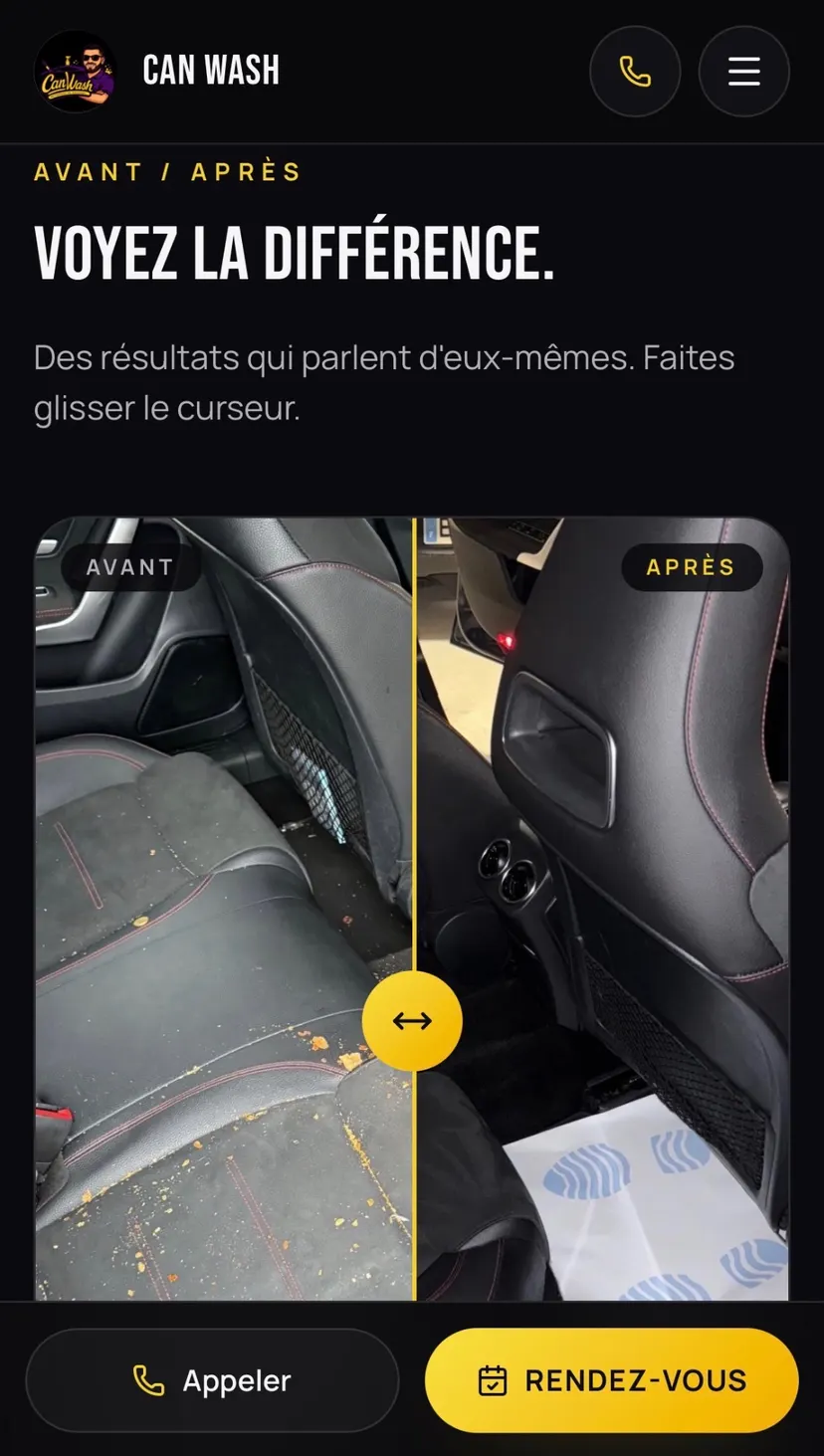 Comparateur avant / après du nettoyage de sièges de voiture sur le site Can Wash